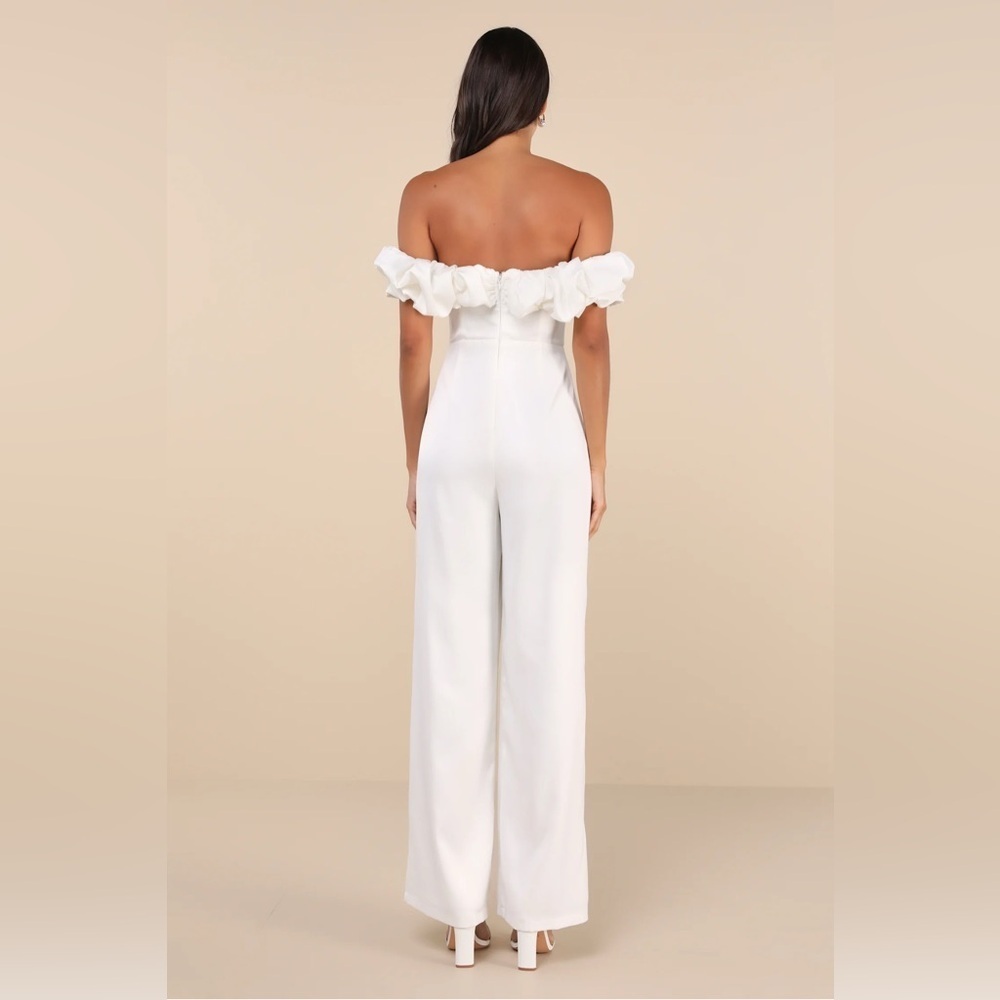 Lulus Immense Glamour White Satin Ruffled Off-the-Shoulder Jumpsuit XL New - Picture 2 of 9